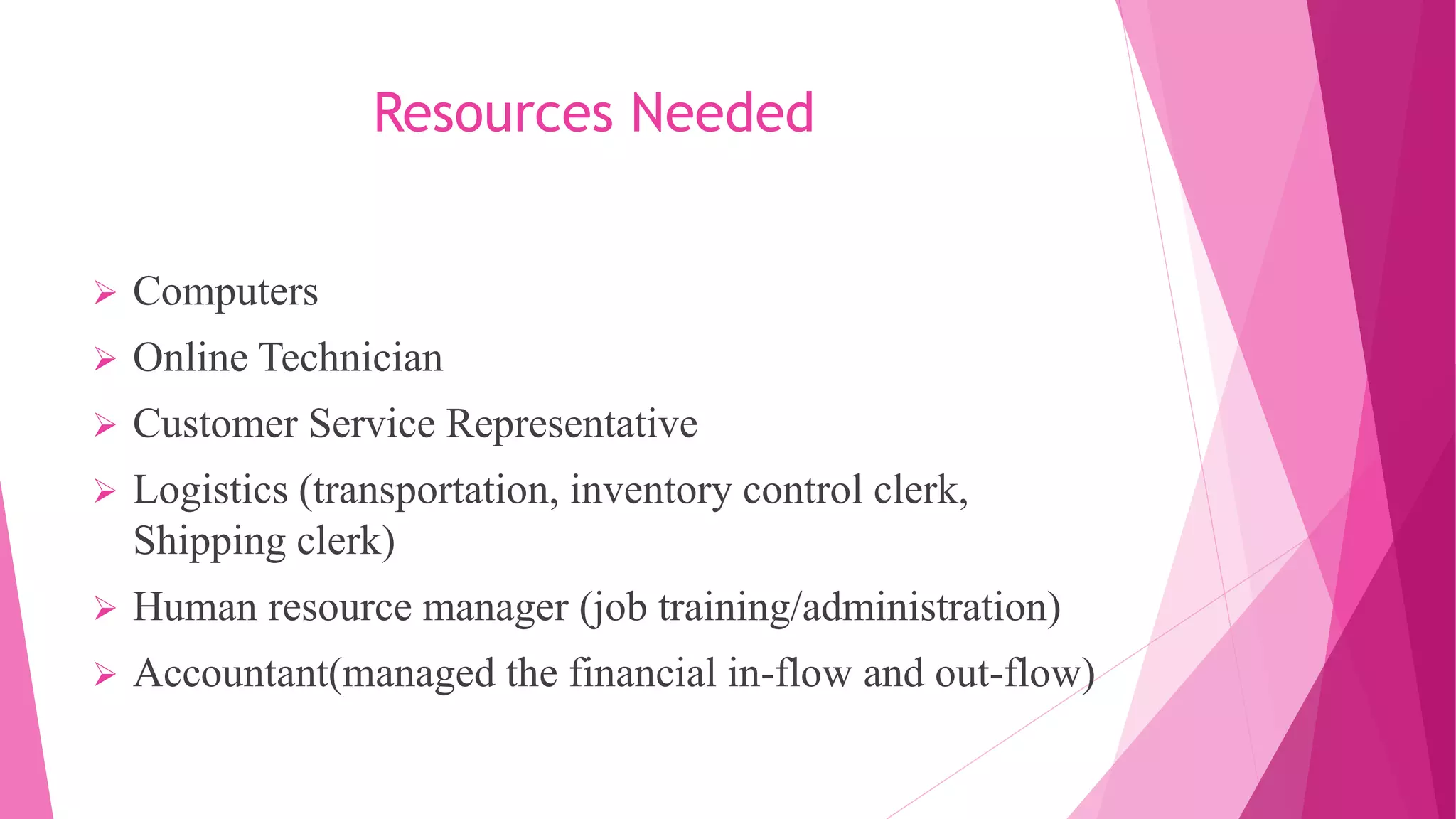Resources Needed
 Computers
 Online Technician
 Customer Service Representative
 Logistics (transportation, inventory control clerk,
Shipping clerk)
 Human resource manager (job training/administration)
 Accountant(managed the financial in-flow and out-flow)
 