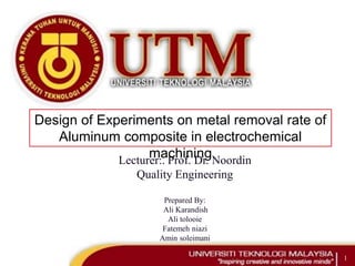 Design of Experiments on metal removal rate of
Aluminum composite in electrochemical
machining
1
Lecturer:. Prof. Dr. Noordin
Quality Engineering
Prepared By:
Ali Karandish
Ali tolooie
Fatemeh niazi
Amin soleimani
 