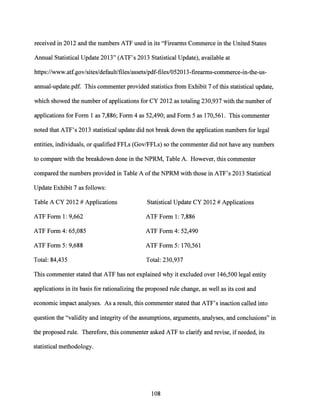 received in 2012 and the numbers ATF used in its "Firearms Commerce in the United States
Annual Statistical Update 2013" (ATF's 2013 Statistical Update), available at
https://www.atf.gov/sites/default/files/assets/pdf-files/052013-firearms-commerce-in-the-us-
annual-update.pdf. This commenter provided statistics from Exhibit 7 ofthis statistical update,
which showed the number of applications for CY 2012 as totaling 230,937 with the number of
applications for Form 1 as 7,886; Form 4 as 52,490; and Form 5 as 170,561. This commenter
noted that ATF's 2013 statistical update did not break down the application numbers for legal
entities, individuals, or qualified FFLs (Gov/FFLs) so the commenter did not have any numbers
to compare with the breakdown done in the NPRM, Table A. However, this commenter
compared the numbers provided in Table A ofthe NPRM with those in ATF's 2013 Statistical
Update Exhibit 7 as follows:
Table A CY 2012 #Applications
ATF Form 1: 9,662
ATF Form 4: 65,085
ATF Form 5: 9,688
Total: 84,435
Statistical Update CY 2012 #Applications
ATF Form 1: 7,886
ATF Form 4: 52,490
ATF Form 5: 170,561
Total: 230,937
This commenter stated that ATF has not explained why it excluded over 146,500 legal entity
applications in its basis for rationalizing the proposed rule change, as well as its cost and
economic impact analyses. As a result, this commenter stated that ATF's inaction called into
question the "validity and integrity ofthe assumptions, arguments, analyses, and conclusions" in
the proposed rule. Therefore, this commenter asked ATF to clarify and revise, if needed, its
statistical methodology.
108
 