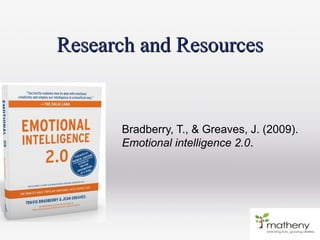 Research and ResourcesResearch and Resources
Bradberry, T., & Greaves, J. (2009).
Emotional intelligence 2.0.
 