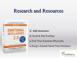 Research and ResourcesResearch and Resources
Self-AwarenessSelf-Awareness
Good & Bad FeelingsGood & Bad Feelings
Feel Your Emotions PhysicallyFeel Your Emotions Physically
Keep a Journal About Your EmotionsKeep a Journal About Your Emotions
 