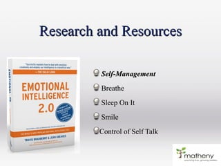 Research and ResourcesResearch and Resources
Self-ManagementSelf-Management
BreatheBreathe
Sleep On ItSleep On It
SmileSmile
Control of Self TalkControl of Self Talk
 