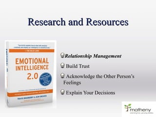 Research and ResourcesResearch and Resources
Relationship ManagementRelationship Management
Build TrustBuild Trust
Acknowledge the Other Person’sAcknowledge the Other Person’s
FeelingsFeelings
Explain Your DecisionsExplain Your Decisions
 