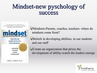 Mindset-new pyschology ofMindset-new pyschology of
successsuccess
Mindsets-Parents, coaches, teachers- where doMindsets-Parents, coaches, teachers- where do
mindsets come from?mindsets come from?
Beliefs in developing abilities, in our studentsBeliefs in developing abilities, in our students
and our staffand our staff
Create an organization that prizes theCreate an organization that prizes the
development of ability-watch the leaders emergedevelopment of ability-watch the leaders emerge
 