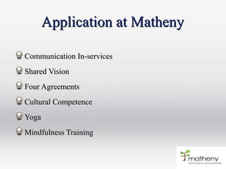 Application at MathenyApplication at Matheny
Communication In-servicesCommunication In-services
Shared VisionShared Vision
Four AgreementsFour Agreements
Cultural CompetenceCultural Competence
YogaYoga
Mindfulness TrainingMindfulness Training
 