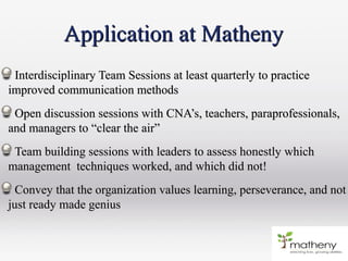 Application at MathenyApplication at Matheny
Interdisciplinary Team Sessions at least quarterly to practiceInterdisciplinary Team Sessions at least quarterly to practice
improved communication methodsimproved communication methods
Open discussion sessions with CNA’s, teachers, paraprofessionals,Open discussion sessions with CNA’s, teachers, paraprofessionals,
and managers to “clear the air”and managers to “clear the air”
Team building sessions with leaders to assess honestly whichTeam building sessions with leaders to assess honestly which
management techniques worked, and which did not!management techniques worked, and which did not!
Convey that the organization values learning, perseverance, and notConvey that the organization values learning, perseverance, and not
just ready made geniusjust ready made genius
 