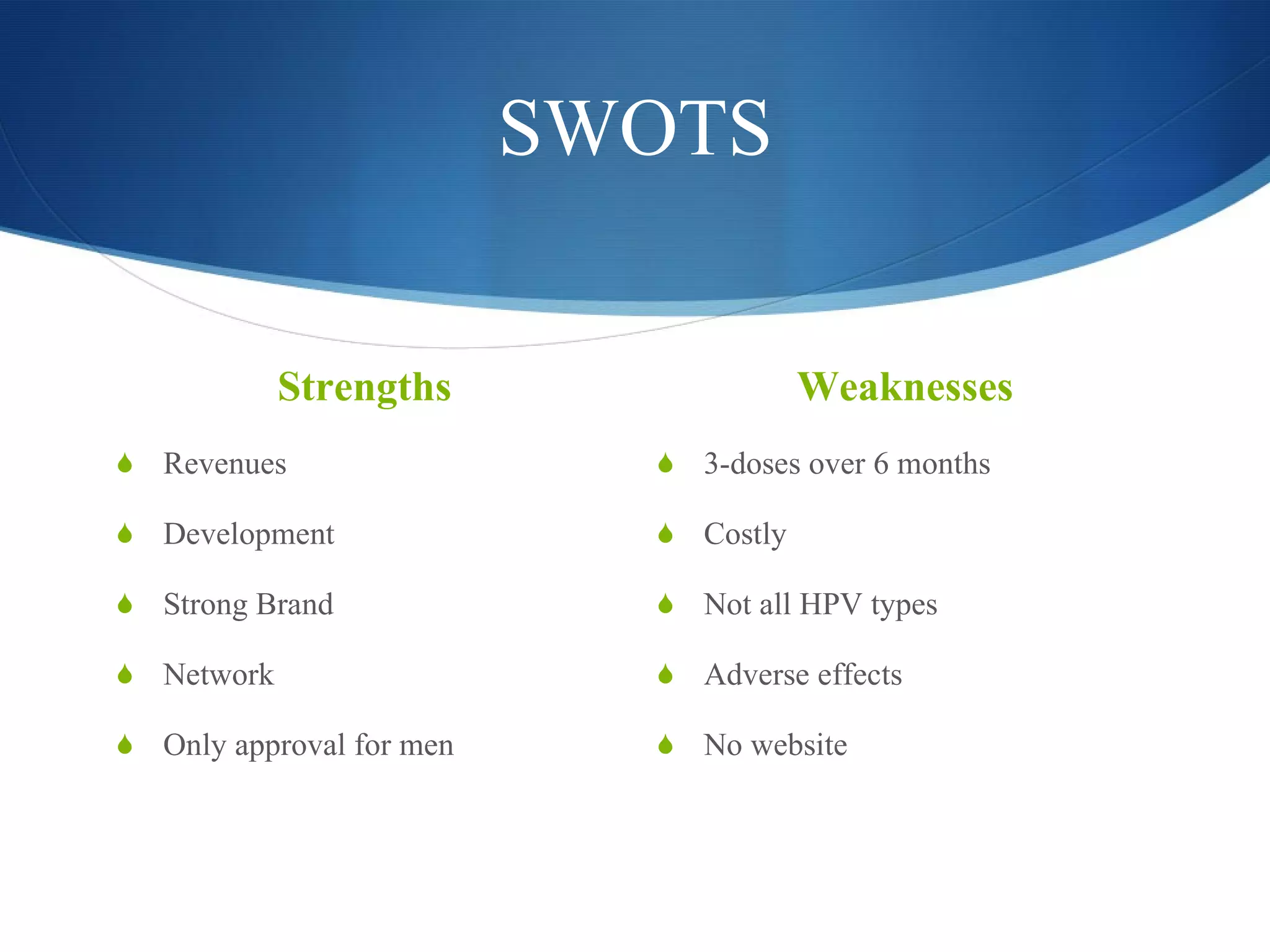SWOTS Strengths Revenues Development Strong Brand Network Only approval for men Weaknesses 3-doses over 6 months Costly Not all HPV types Adverse effects No website 