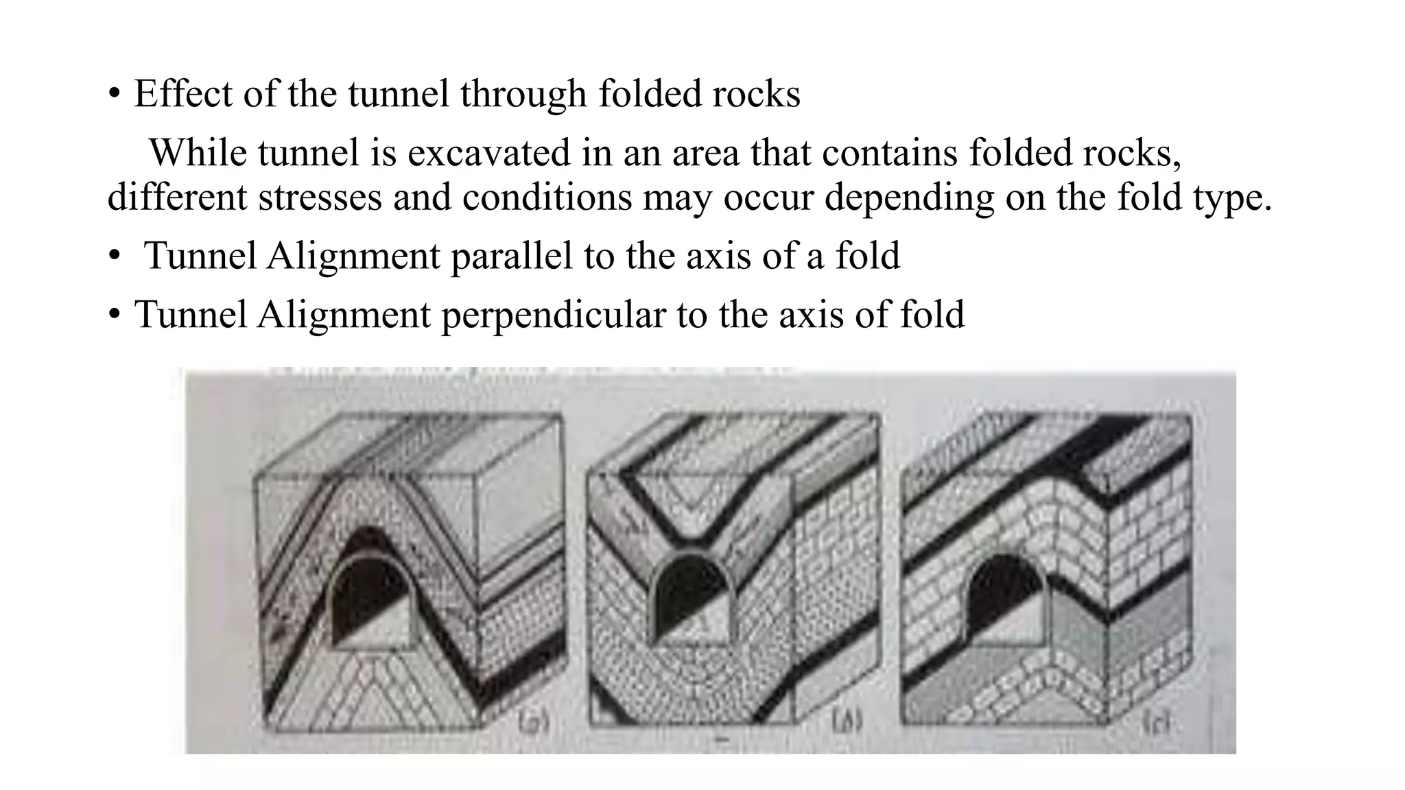 • Effect of the tunnel through folded rocks
While tunnel is excavated in an area that contains folded rocks,
different stresses and conditions may occur depending on the fold type.
• Tunnel Alignment parallel to the axis of a fold
• Tunnel Alignment perpendicular to the axis of fold
 
