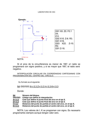 LABORATORIO DE CNC
Ejemplo:
16.0
2
2
.0
COTAS: mm
8.0
R2.0
4
.0
R 3.0
NOTA:
Si el arco de la circunferencia es menor de 180°, e l radio se
programará con signo positivo, y si es mayor que 180°, el radio será
negativo.
INTERPOLACIÓN CIRCULAR EN COORDENADAS CARTESIANAS CON
PROGRAMACIÓN DEL CENTRO DEL CÍRCULO.
Su formato es el siguiente:
N4 G02/G03 X+/-3.3 Z+/-3.3 I+/-3.3 K+/-3.3
Donde:
N4 Número del bloque.
G02/G03 Código que define la interpolación.
X+/-3.3 Cota que define el punto final del arco en el eje X.
Z+/-3.3 Cota que define el punto final del arco en el eje Z.
I+/-3.3 Distancia del punto de partida al centro del arco, en el eje X.
K+/-3.3 Distancia del punto de partida al centro del arco, en el eje Z.
NOTA: Los valores de I, K se programan con signo. Es necesario
programarlos siempre aunque tengan valor cero.
G01 X0. Z0. F0.1
X4.
Z-5.
G02 X10. Z-8. R3.
G01 X18.
G03 X22. Z-10.
R2.
G01 Z-16.
 