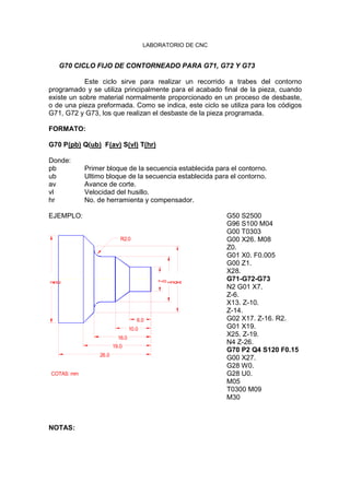 LABORATORIO DE CNC
G70 CICLO FIJO DE CONTORNEADO PARA G71, G72 Y G73
Este ciclo sirve para realizar un recorrido a trabes del contorno
programado y se utiliza principalmente para el acabado final de la pieza, cuando
existe un sobre material normalmente proporcionado en un proceso de desbaste,
o de una pieza preformada. Como se indica, este ciclo se utiliza para los códigos
G71, G72 y G73, los que realizan el desbaste de la pieza programada.
FORMATO:
G70 P(pb) Q(ub) F(av) S(vl) T(hr)
Donde:
pb Primer bloque de la secuencia establecida para el contorno.
ub Ultimo bloque de la secuencia establecida para el contorno.
av Avance de corte.
vl Velocidad del husillo.
hr No. de herramienta y compensador.
EJEMPLO:
13.019.
6.0
10.0
16.0
19.0
26.0
25.0
COTAS: mm
R2.0
7.0
G50 S2500
G96 S100 M04
G00 T0303
G00 X26. M08
Z0.
G01 X0. F0.005
G00 Z1.
X28.
G71-G72-G73
N2 G01 X7.
Z-6.
X13. Z-10.
Z-14.
G02 X17. Z-16. R2.
G01 X19.
X25. Z-19.
N4 Z-26.
G70 P2 Q4 S120 F0.15
G00 X27.
G28 W0.
G28 U0.
M05
T0300 M09
M30
NOTAS:
 