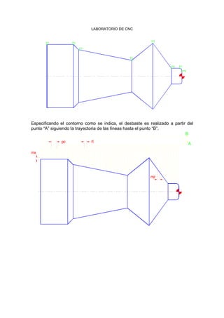 LABORATORIO DE CNC
P1
P3
P2
P6
P4
P5
P8
P7
Especificando el contorno como se indica, el desbaste es realizado a partir del
punto “A” siguiendo la trayectoria de las líneas hasta el punto “B”.
mx
pc rt
mz
A
B
 