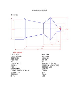 LABORATORIO DE CNC
Ejemplo:
39.0
41.0
51.0
20
.0
24
.0
COTAS: mm
4.0
11.0
19.0
1
2.0
25
.0
6
.0
R 1.
G50 S2000
G96 S100 M04
G00 T0101
X26. M08
Z0.
G01 X0. F0.1
G00 Z1.
X26.
G72 W1.5 R1.
G72 P5 Q10 U0.35 W0.25
N5 G00 Z-51.
G01 X24.
Z-41.
X20. Z-39.
X12. Z-19.
X25. Z-11.
X6. Z-4.
Z-1.
N10 G02 X4. Z0. R1.
G70 P5 Q10 S120 F0.05
G00 X28. M09
G28 W0.
G28 U0.
M05
T0100
M30
 