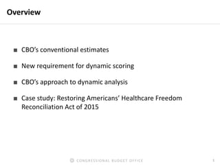 1CONGRESSIONAL BUDGET OFFICE
Overview
■ CBO’s conventional estimates
■ New requirement for dynamic scoring
■ CBO’s approac...