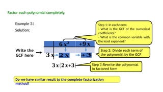 Factor each polynomial completely.
Example 3:
Solution:
Step 1: In each term:
- What is the GCF of the numerical
coefficients?
- What is the common variable with
the least exponent?
Step 2: Divide each term of
the polynomial by the GCF
Step 3:Rewrite the polynomial
in factored form
Do we have similar result to the complete factorization
method?
𝟐 𝒙 +𝟑
Write the
GCF here
𝟑 𝒙(𝟐 𝒙+𝟑)
𝟔 𝒙𝟐
+𝟗 𝒙
𝟑 𝒙
 