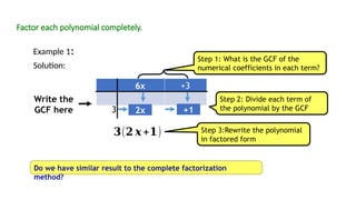 Factor each polynomial completely.
Example 1:
Solution:
Step 1: What is the GCF of the
numerical coefficients in each term?
Step 2: Divide each term of
the polynomial by the GCF
Step 3:Rewrite the polynomial
in factored form
Do we have similar result to the complete factorization
method?
2x +1
Write the
GCF here
𝟑(𝟐 𝒙+𝟏)
6x +3
3
 
