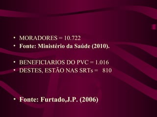 • MORADORES = 10.722 
• Fonte: Ministério da Saúde (2010). 
• BENEFICIARIOS DO PVC = 1.016 
• DESTES, ESTÃO NAS SRTs = 810 
• Fonte: Furtado,J.P. (2006) 
 