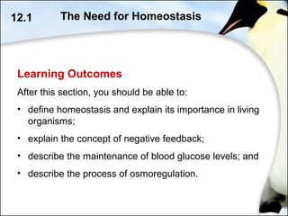 Learning Outcomes
After this section, you should be able to:
• define homeostasis and explain its importance in living
organisms;
• explain the concept of negative feedback;
• describe the maintenance of blood glucose levels; and
• describe the process of osmoregulation.
12.1 The Need for Homeostasis
 