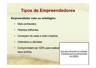 Essa área não pode ser utilizada. 
É dedicada para a interpretação 
em LIBRAS.
Tipos de Empreendedores
Empreendedor nato ou mitológico
• Mais conhecidos
• Histórias brilhantes
• Começam do nada e criam impérios
• Visionários e otimistas
• Comprometem-se 100% para realizar
seus sonhos
 