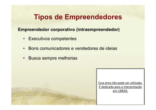 Essa área não pode ser utilizada. 
É dedicada para a interpretação 
em LIBRAS.
Empreendedor corporativo (intraempreendedor)
• Executivos competentes
• Bons comunicadores e vendedores de ideias
• Busca sempre melhorias
Tipos de Empreendedores
 