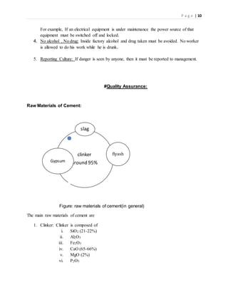 P a g e | 10
For example, If an electrical equipment is under maintenance the power source of that
equipment must be switched off and locked.
4. No alcohol , No drug: Inside factory alcohol and drug taken must be avoided. No worker
is allowed to do his work while he is drunk.
5. Reporting Culture: If danger is seen by anyone, then it must be reported to management.
#Quality Assurance:
Raw Materials of Cement:
Figure: raw materials of cement(in general)
The main raw materials of cement are
1. Clinker: Clinker is composed of
i. SiO2 (21-22%)
ii. Al2O3
iii. Fe2O3
iv. CaO (65-66%)
v. MgO (2%)
vi. P2O5
clinker
around 95%Gypsum
slag
flyash
 