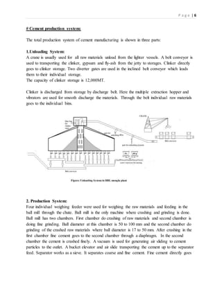 P a g e | 6
# Cement production system:
The total production system of cement manufacturing is shown in three parts:
1.Unloading System:
A crane is usually used for all raw materials unload from the lighter vessels. A belt conveyor is
used to transporting the clinker, gypsum and fly-ash from the jetty to storages. Clinker directly
goes to clinker storage. Two diverter gates are used in the inclined belt conveyor which leads
them to their individual storage.
The capacity of clinker storage is 12,000MT.
Clinker is discharged from storage by discharge belt. Here the multiple extraction hopper and
vibrators are used for smooth discharge the materials. Through the belt individual raw materials
goes to the individual bins.
2. Production System:
Four individual weighing feeder were used for weighing the raw materials and feeding in the
ball mill through the chute. Ball mill is the only machine where crashing and grinding is done.
Ball mill has two chambers. First chamber do crashing of raw materials and second chamber is
doing fine grinding. Ball diameter at this chamber is 50 to 100 mm and the second chamber do
grinding of the crashed raw materials where ball diameter is 17 to 50 mm. After crashing in the
first chamber fine cement goes to the second chamber through a diaphragm. In the second
chamber the cement is crashed finely. A vacuum is used for generating air sliding to cement
particles to the outlet. A bucket elevator and air slide transporting the cement up to the separator
feed. Separator works as a sieve. It separates coarse and fine cement. Fine cement directly goes
 
