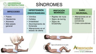 INFECCIOSO
• Fiebre
• Hipotermia
• Anorexia
• Mal estado
general
HIPERTENSIÓN
ENDOCRANEANA
• Vómitos
• Cefalea
• Irritabilidad
• Abombamiento de
fontanela
• Alteraciones en el
estado de alerta
IRRITACIÓN
MENÍNGEA
• Rigidez de nuca
• Signo de kernig
• Signo de
brudzinsky
DAÑO
NEURONAL,
• Alteraciones en el
estado de
conciencia
• Crisis convulsivas
SÍNDROMES
 