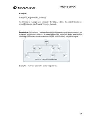 Projeto E-JOVEM


Exemplo:

nome(lista_de_parametros_formais).

Ao terminar a execução dos comandos da função, o fluxo de controle retorna ao
comando seguinte àquele que provocou a chamada.



Importante: Subrotinas e Funções são módulos hierarquicamente subordinados a um
algoritmo, comumente chamado de módulo principal, da mesma forma subrotinas e
funções pode conter outras subrotinas e funções aninhadas veja imagem a seguir:




Exemplo – exercício resolvido - exercício proposto




                                                                            36
 