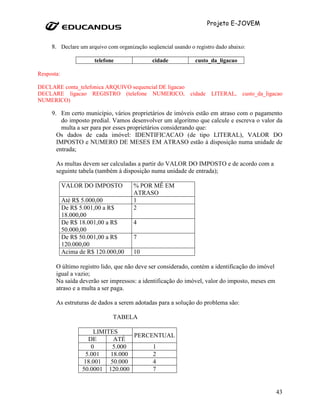 Projeto E-JOVEM


     8. Declare um arquivo com organização seqüencial usando o registro dado abaixo:

                       telefone               cidade           custo_da_ligacao

Resposta:

DECLARE conta_telefonica ARQUIVO sequencial DE ligacao
DECLARE ligacao REGISTRO (telefone NUMERICO,                 cidade    LITERAL,   custo_da_ligacao
NUMERICO)

     9. Em certo município, vários proprietários de imóveis estão em atraso com o pagamento
         do imposto predial. Vamos desenvolver um algoritmo que calcule e escreva o valor da
         multa a ser para por esses proprietários considerando que:
       Os dados de cada imóvel: IDENTIFICACAO (de tipo LITERAL), VALOR DO
       IMPOSTO e NUMERO DE MESES EM ATRASO estão à disposição numa unidade de
       entrada;

       As multas devem ser calculadas a partir do VALOR DO IMPOSTO e de acordo com a
       seguinte tabela (também à disposição numa unidade de entrada);

            VALOR DO IMPOSTO          % POR MÊ EM
                                      ATRASO
            Até R$ 5.000,00           1
            De R$ 5.001,00 a R$       2
            18.000,00
            De R$ 18.001,00 a R$      4
            50.000,00
            De R$ 50.001,00 a R$      7
            120.000,00
            Acima de R$ 120.000,00    10

       O último registro lido, que não deve ser considerado, contém a identificação do imóvel
       igual a vazio;
       Na saída deverão ser impressos: a identificação do imóvel, valor do imposto, meses em
       atraso e a multa a ser paga.

       As estruturas de dados a serem adotadas para a solução do problema são:

                              TABELA

                        LIMITES
                                    PERCENTUAL
                      DE      ATÉ
                       0      5.000      1
                     5.001   18.000      2
                    18.001   50.000      4
                   50.0001 120.000       7


                                                                                                43
 