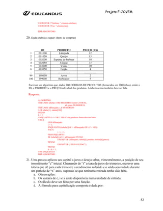 Projeto E-JOVEM


           ESCREVER (“Telefone: ”,clientes.telefone);
           ESCREVER (“Fax: ”,clientes.fax);

          FIM-ALGORITMO

20. Dada a tabela a seguir: (Itens de compras)


              ID              PRODUTO                      PREÇO (R$)
   1       001000               Lâmpada                            12
   2       001050                 Queijo                           13
   3       002000          Espuma de barbear                       10
   4       002050                Uisque                            35
   5       003000                 Vinho                            30
   6       003050                 Feijão                            4
   ...     ...........        ..................            ..................
   99      198050                 Arroz                             2
  100      199000              Barbeador                            5

  Escrever um algoritmo que, dados 100 CODIGOS DE PRODUTOS (fornecidos em 100 linhas), emite o
  ID, o PRODUTO e o PREÇO individual dos produtos. A tabela acima também deve ser lida.

  Resposta:
          ALGORITMO
          DECLARE tabela[1:100] REGISTRO (nome LITERAL,
                                           id, preco NUMERICO)
          DECLARE idDesejado, i, k NUMÉRICO
          LER tabela[1]...tabela[100]
          INICIO
          k=1
          ENQUANTO k <= 100 // 100 id’s de produtos fornecidos em linha.
          FACA
                    LER idDesejado
                    i = 1;
                    ENQUANTO ((tabela[i].id != idDesejado) OU (i != 101))
                    FACA
                                i = i + 1;
                    FIM-ENQUANTO
                    SE (tabela[k].id == idDesejado) ENTAO
                                ESCREVER (idDesjado, tabela[k].produto, tabela[k].preco);
                    SENAO
                                ESCREVER (“ID INVÁLIDO!”);
                    FIM-SE
                    k = k + 1;
          FIM-ENQUANTO
          FIM ALGORITMO

21. Uma pessoa aplicou seu capital a juros e deseja saber, trimestralmente, a posição de seu
    investimento “c” inicial. Chamando de “i” a taxa de juros do trimestre, escrever uma
    tabela que dê para cada trimestre o rendimento auferido e o saldo acumulado durante
    um período de “x” anos, supondo-se que nenhuma retirada tenha sido feita.
      a. Observações:
      b. Os valores de c, i e x estão disponíveis numa unidade de entrada.
      c. O cálculo deve ser feito por uma função.
      d. A fórmula para capitalização composta é dada por:



                                                                                                      52
 