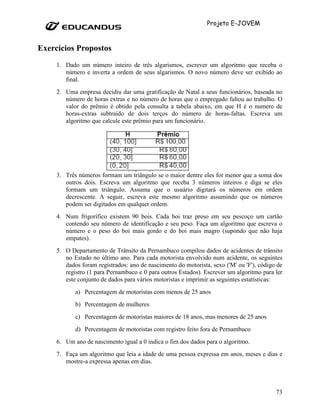 Projeto E-JOVEM



Exercícios Propostos
     1. Dado um número inteiro de três algarismos, escrever um algoritmo que receba o
        número e inverta a ordem de seus algarismos. O novo número deve ser exibido ao
        final.
     2. Uma empresa decidiu dar uma gratificação de Natal a seus funcionários, baseada no
        número de horas extras e no número de horas que o empregado faltou ao trabalho. O
        valor do prêmio é obtido pela consulta a tabela abaixo, em que H é o numero de
        horas-extras subtraído de dois terços do número de horas-faltas. Escreva um
        algoritmo que calcule este prêmio para um funcionário.




     3. Três números formam um triângulo se o maior dentre eles for menor que a soma dos
        outros dois. Escreva um algoritmo que receba 3 números inteiros e diga se eles
        formam um triângulo. Assuma que o usuário digitará os números em ordem
        decrescente. A seguir, escreva este mesmo algoritmo assumindo que os números
        podem ser digitados em qualquer ordem.
     4. Num frigorífico existem 90 bois. Cada boi traz preso em seu pescoço um cartão
        contendo seu número de identificação e seu peso. Faça um algoritmo que escreva o
        número e o peso do boi mais gordo e do boi mais magro (supondo que não haja
        empates).
     5. O Departamento de Trânsito da Pernambuco compilou dados de acidentes de trânsito
        no Estado no último ano. Para cada motorista envolvido num acidente, os seguintes
        dados foram registrados: ano de nascimento do motorista, sexo ('M' ou 'F'), código de
        registro (1 para Pernambuco e 0 para outros Estados). Escrever um algoritmo para ler
        este conjunto de dados para vários motoristas e imprimir as seguintes estatísticas:
            a) Percentagem de motoristas com menos de 25 anos
            b) Percentagem de mulheres
            c) Percentagem de motoristas maiores de 18 anos, mas menores de 25 anos
            d) Percentagem de motoristas com registro feito fora de Pernambuco
     6. Um ano de nascimento igual a 0 indica o fim dos dados para o algoritmo.
     7. Faça um algoritmo que leia a idade de uma pessoa expressa em anos, meses e dias e
        mostre-a expressa apenas em dias.



                                                                                          73
 