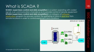 ©Copyrights 2014-2017 by Masoud Ostad
What is SCADA ? 18
SCADA (supervisory control and data acquisition) is a system operating with coded
signals over communication channels so as to provide control of remote equipment
SCADA (supervisory control and data acquisition) is a category of software
application program for process control, the gathering of data in real time from
remote locations in order to control equipment and conditions
 