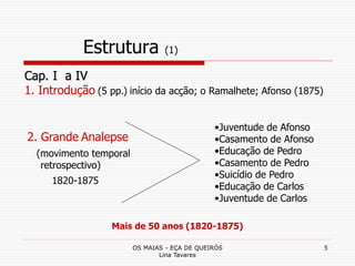 OS MAIAS - EÇA DE QUEIRÓS
Lina Tavares
5
Estrutura (1)
2. Grande Analepse
(movimento temporal
retrospectivo)
1820-1875
Mais de 50 anos (1820-1875)
Cap. I a IV
1. Introdução (5 pp.) início da acção; o Ramalhete; Afonso (1875)
•Juventude de Afonso
•Casamento de Afonso
•Educação de Pedro
•Casamento de Pedro
•Suicídio de Pedro
•Educação de Carlos
•Juventude de Carlos
 