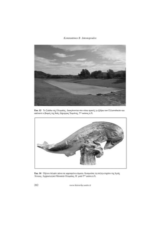 Konstantinos B. Antonopoulos
202 www.historika.unito.it
Εικ.13 Το Στάδιο της Ολυμπίας. Διακρίνονται στο νότιο πρανές η εξέδρα των Ελλανοδικών και
απέναντι ο βωμός της θεάς Δήμητρας Χαμύνης. 5
ος
αιώνας π.Χ.
Εικ.14 Πήλινο δελφίνι πάνω σε αφρισμένα κύματα. Κοσμούσε τη στέγη κτηρίου της Ιερής
Άλτεως. Αρχαιολογικό Μουσείο Ολυμπίας. Β΄ μισό 5
ου
αιώνα π.Χ.
 