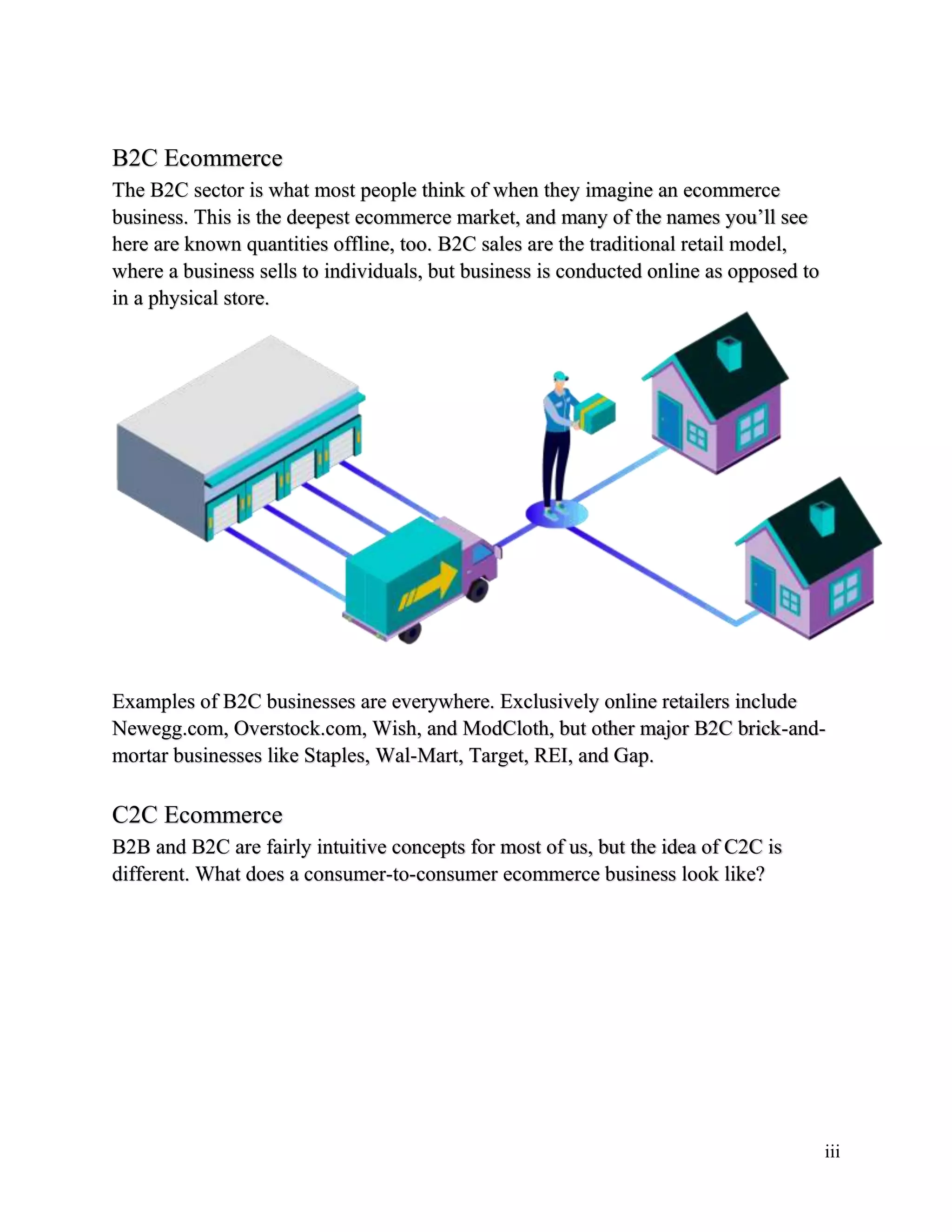 iii
B2C Ecommerce
The B2C sector is what most people think of when they imagine an ecommerce
business. This is the deepest ecommerce market, and many of the names you’ll see
here are known quantities offline, too. B2C sales are the traditional retail model,
where a business sells to individuals, but business is conducted online as opposed to
in a physical store.
Examples of B2C businesses are everywhere. Exclusively online retailers include
Newegg.com, Overstock.com, Wish, and ModCloth, but other major B2C brick-and-
mortar businesses like Staples, Wal-Mart, Target, REI, and Gap.
C2C Ecommerce
B2B and B2C are fairly intuitive concepts for most of us, but the idea of C2C is
different. What does a consumer-to-consumer ecommerce business look like?
 