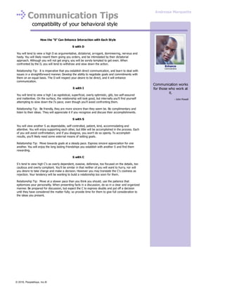 Communication Tips
compatibility of your behavioral style
How the “S” Can Enhance Interaction with Each Style
S with D
You will tend to view a high D as argumentative, dictatorial, arrogant, domineering, nervous and
hasty. You will likely resent them giving you orders, and be intimidated by their dictatorial
approach. Although you will not get angry, you will be sorely tempted to get even. When
confronted by the D, you will tend to withdraw and slow down the action.
Relationship Tip: It is imperative that you establish direct communication, and learn to deal with
issues in a straightforward manner. Develop the ability to negotiate goals and commitments with
them on an equal basis. The D will respect your desire to be direct, and it will enhance
communication.
S with I
You will tend to view a high I as egotistical, superficial, overly optimistic, glib, too self-assured
and inattentive. On the surface, the relationship will look good, but internally you'll find yourself
attempting to slow down the I's pace; even though you'll avoid confronting them.
Relationship Tip: Be friendly, they are more sincere than they seem be. Be complimentary and
listen to their ideas. They will appreciate it if you recognize and discuss their accomplishments.
S with S
You will view another S as dependable, self-controlled, patient, kind, accommodating and
attentive. You will enjoy supporting each other, but little will be accomplished in the process. Each
of you will avoid confrontation; and if you disagree, you won't do so openly. To accomplish
results, you'll likely need some external means of setting goals.
Relationship Tip: Move towards goals at a steady pace. Express sincere appreciation for one
another. You will enjoy the long lasting friendships you establish with another S and find them
rewarding.
S with C
S's tend to view high C's as overly dependent, evasive, defensive, too focused on the details, too
cautious and overly compliant. You'll be similar in that neither of you will want to hurry, nor will
you desire to take charge and make a decision. However you may translate the C's coolness as
rejection. Your tendency will be wanting to build a relationship too soon for them.
Relationship Tip: Move at a slower pace than you think you should; use the patience that
epitomizes your personality. When presenting facts in a discussion, do so in a clear and organized
manner. Be prepared for discussion, but expect the C to express doubts and put off a decision
until they have considered the matter fully; so provide time for them to give full consideration to
the ideas you present.
Communication works
for those who work at
it.
- John Powell
Enhance
Communication
Andressa Marquette
© 2016, PeopleKeys, Inc.®
 