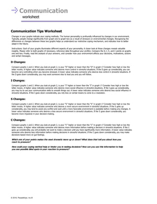 Communication
worksheet
Communication Tips Worksheet
Changes in your graphs indicate your coping methods. The human personality is profoundly influenced by changes in our environment.
Typically, people change significantly from graph one to graph two as a result of stressors or environmental changes. Recognizing the
differences or changes between these two graphs helps us understand our instinctive coping mechanism, and indicates how to better
adapt in the future.
Instructions: Each of your graphs illuminates different aspects of your personality. A closer look at those changes reveals valuable
insights. Please refer to both graphs (if necessary, reference data throughout your profile). Compare the D, I, S, and C points on graphs
one and two. Finally, read the analysis of your answers, and consider how your environment affects your decisions, motivations, actions
and verbal messages.
D Changes:
Compare graphs 1 and 2. When you look at graph 2, is your “D” higher or lower than the “D” in graph 1? Consider how high or low the
letter moves. A higher value indicates someone who desires more control in stressful situations. If the D goes up considerably, you can
become very controlling when you become stressed. A lower value indicates someone who desires less control in stressful situations. If
the D goes down considerably, you may want someone else to lead you and you will follow.
I Changes:
Compare graphs 1 and 2. When you look at graph 2, is your “I” higher or lower than the “I” in graph 1? Consider how high or low the
letter moves. A higher value indicates someone who desires more social influence in stressful situations. If the I goes up considerably,
you may try to use your communication skills to smooth things out. A lower value indicates someone who desires less social influence in
stressful situations. If the I goes down considerably, you rely less on verbal means to come to a resolution.
S Changes:
Compare graphs 1 and 2. When you look at graph 2, is your “S” higher or lower than the “S” in graph 1? Consider how high or low the
letter moves. A higher value indicates someone who desires a more secure environment in stressful situations. If the S goes up
considerably, you may tend to avoid any conflict and wait until a more favorable environment is available before making any changes. A
lower value indicates someone who desires a less secure environment in stressful situations. If the S goes down considerably, you
become more impulsive in your decision-making.
C Changes:
Compare graphs 1 and 2. When you look at graph 2, is your “C” higher or lower than the “C” in graph 1? Consider how high or low the
letter moves. A higher value indicates someone who desires more information before making a decision in stressful situations. If the C
goes up considerably, you will probably not want to make a decision until you have significantly more information. A lower value indicates
someone who desires less information before making decisions in stressful situations. If the C goes down considerably, you may make
decisions based more on gut feelings.
Which one of your points makes the most dramatic move up or down? What does that tell you about how you
react to pressure?
How could your coping method help or hinder you in making decisions? How can you use this information to help
you see possible blind spots in your reaction to pressure?
Andressa Marquette
© 2016, PeopleKeys, Inc.®
 