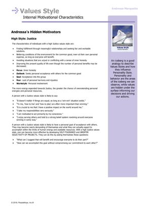 Values Style
Internal Motivational Characteristics
Andressa's Hidden Motivators
High Style: Justice
The characteristics of individuals with a high Justice values style are:
Finding fulfillment through meaningful relationships and seeking fair and workable
solutions.
Bettering conditions of the environment for the common good, even at their own personal
expense, as long as everyone will benefit.
Avoiding situations that are unjust or conflicting with a sense of inner honesty.
Improving the present quality of life even though the number of personal benefits may be
decreased.
Focus: Inner honesty
Outlook: Seeks personal acceptance with others for the common good
Goal: Acceptance into the group
Fear: Lack of personal harmony and injustice
Workstyle: Personal involvement
The more energy expended towards Justice, the greater the chance of overextending personal
energies and personal resources.
A person with a Justice values style is likely to say:
"It doesn't matter if things are equal, as long as a 'win-win' situation exists."
"To me, 'how to live' and 'how to play' are often more important than winning."
"It is crucial to me that I have a positive impact on the world around me."
"I take my responsibilities very seriously."
"I am motivated to act primarily by my conscience."
"I enjoy serving others and hold to a strong belief system revolving around everyone
winning in some way."
A person with a Justice values style is likely to have a personal goal of acceptance with others.
They may become overly demanding of themselves and what they can actually expect to
accomplish within the limits of human energy and available resources. With a high Justice values
style, one can become more effective by developing SELF-TOLERANCE and GREATER
SELECTIVITY OF PROJECTS. They can do this by asking themselves these questions:
"What can I suggest that will benefit and encourage everyone to do their part?"
"How can we accomplish this goal without compromising our commitment to each other?"
An iceberg is a good
analogy to describe
Values Styles and how
they influence
Personality Style.
Personality and
behavior are the areas
of the iceberg we can
observe, while values
are hidden under the
surface informing our
decisions and driving
our actions.
Values Style
Internal Motivators
Andressa Marquette
© 2016, PeopleKeys, Inc.®
 