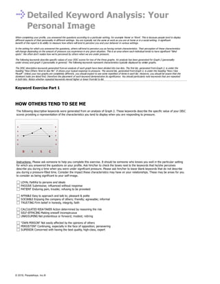 Detailed Keyword Analysis: Your
Personal Image
When completing your profile, you answered the questions according to a particular setting, for example 'Home' or 'Work'. This is because people tend to display
different aspects of their personality in different settings. You are typically not the same at work as you are at home or in a social setting. A significant
benefit of this report is its ability to measure how others will tend to perceive you and your behavior in various settings.
In the setting for which you answered the questions, others will tend to perceive you as having certain characteristics. Their perception of these characteristics
will change depending on the amount of pressure you experience in any given situation. This is an area where each individual tends to have significant “blind
spots”. We often don't realize how we're perceived by others when we are under pressure.
The following keywords describe specific values of your DISC scores for two of the three graphs. An analysis has been generated for Graph 2 (personality
under stress) and graph 3 (personality in general). The following keywords represent characteristics typically displayed by similar graphs.
The DISC descriptive keywords generated from an analysis of each graph have been divided into two lists. The first list, generated from Graph 2, is under the
heading “How Others Tend to See Me”. It shows your typical response to pressure. The second list, generated from Graph 3, is under the heading “How I See
Myself”. Unless your two graphs are completely different, you should expect to see some repetition of items in each list. However, you should be aware that the
dominant traits are listed first; therefore the placement of each keyword demonstrates its significance. You should particularly note keywords that are repeated
in both lists. Notice whether repeated keywords moved higher or lower from list to list.
Keyword Exercise Part 1
HOW OTHERS TEND TO SEE ME
The following descriptive keywords were generated from an analysis of Graph 2. These keywords describe the specific value of your DISC
scores providing a representation of the characteristics you tend to display when you are responding to pressure.
Instructions: Please ask someone to help you complete this exercise. It should be someone who knows you well in the particular setting
for which you answered the questions on your profile. Ask him/her to check the boxes next to the keywords that he/she perceives
describe you during a time when you were under significant pressure. Please ask him/her to leave blank keywords that do not describe
you during a pressure-filled time. Consider the impact these characteristics may have on your relationships. These may be areas for you
to consider as being significant to your self-image.
LOYAL Faithful to persons and ideals
PASSIVE Submissive; influenced without response
PATIENT Enduring pain, trouble; refusing to be provoked
AFFABLE Easy to approach and talk to; pleasant & polite
SOCIABLE Enjoying the company of others; friendly; agreeable; informal
TRUSTING Firm belief in honesty, integrity, faith
CALCULATED RISK-TAKER Action determined by reasoning the risk
SELF-EFFACING Making oneself inconspicuous
UNASSUMING Not pretentious or forward; modest; retiring
"OWN PERSON" Not easily affected by the opinions of others
PERSISTENT Continuing, especially in the face of opposition; persevering
SUPERIOR Concerned with having the best quality, high-class, expert
© 2016, PeopleKeys, Inc.®
 