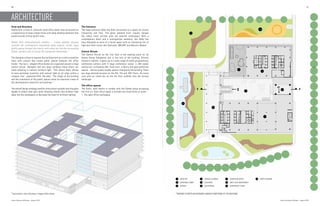 Indian Architect & Builder - August 2015
4746
Form and Structure
Godrej One, a class A, platinum rated office tower was envisioned as
a composition of clean simple forms with deep shading elements that
would provide strong accent lines.
Rafael Pelli enthusiastically remarks – “Lushly planted terraces
contrast the contemporary engineered glass exterior. Inside, large
public spaces connect the interior with views out into the surrounding
plazas, gardens and of course the mangroves themselves.”
The designers chose to express the building form as a solid crystalline
mass with cutouts that create public spaces between the office
blocks. The two L- shaped office blocks are organized around a large
central atrium. Skylights and two large windows block direct sun
while allowing in indirect northern light. “This allows many offices
to have perimeter locations with natural light on all sides within a
compact site”, explained Pelli. He adds, “The shape of the building
and the orientation of the public spaces allow for maximum views of
the development’s beautiful surroundings.”
The overall design strategy carefully limits direct sunlight onto the glass
façade to reduce heat gain while allowing indirect and northern light
deep into the workspaces to decrease the need for artificial lighting.
ARCHITECTURE
The Entrance
The large entrance lobby has been envisioned as a space for human
interaction and flow .The glass paneled front visually merges
the indoor retail corridor with the external landscapes. With a
contemporary décor and a cosmopolitan aesthetic, the lobby has
been designed as more of a social space with an interesting mix of
high-end retail stores like Starbucks, BBLUNT and Nature’s Basket.
Central Atrium:
The Central Atrium on the first floor is the meeting point for all
Godrej Group Companies and is the core of the building. Entirely
floored in marble, it opens up to a wide range of public programming;
conference centers with 9 large conference rooms, a 238 seater
auditorium, an Espresso Bar, food-court, a library and open exhibition
spaces. . Various public huddle spaces intersperse the building. There
are large planted terraces on the 4th, 7th and 10th floors. An event
zone with an island bar on the 4th floor extends onto the terrace
landscape
The office-spaces
The floors, total twelve in number with the Godrej group occupying
the first six. Each office space is divided into three kinds of zones-
1. The open office workspace
Axonometric view indicating L-shaped office blocks.
Indian Architect & Builder - August 2015
DROP OFF
ENTRANCE LOBBY
ATRIUM
TERRACE GARDEN
CAFETERIA
AUDITORIUM
EXHIBITION SPACE
WEST SIDE WATER BODY
NORTHWEST LAWN
NORTH GARDEN
DN
UP
A A’
1
2
8
3
4
9
1 4 7 10
2 5 8
3 6 9
10
5
6
7
GROUND FLOOR PLAN SHOWING VARIOUS FUNCTIONS OF THE BUILDING.
 