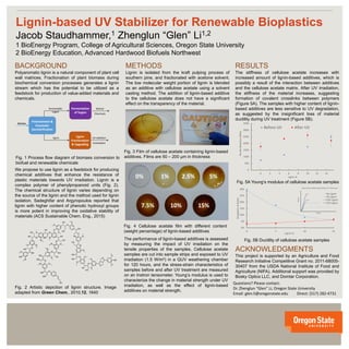 Lignin-based UV Stabilizer for Renewable Bioplastics
Jacob Staudhammer,1 Zhenglun “Glen” Li1,2
1 BioEnergy Program, College of Agricultural Sciences, Oregon State University
2 BioEnergy Education, Advanced Hardwood Biofuels Northwest
BACKGROUND
Polyaromatic lignin is a natural component of plant cell
wall matrices. Fractionation of plant biomass during
biochemical conversion processes generates a lignin
stream which has the potential to be utilized as a
feedstock for production of value-added materials and
chemicals.
METHODS
Lignin is isolated from the kraft pulping process of
southern pine, and fractionated with acetone solvent.
The low molecular weight portion of lignin is blended
as an additive with cellulose acetate using a solvent
casting method. The addition of lignin-based additive
to the cellulose acetate does not have a significant
effect on the transparency of the material.
small copyIm ipit, quam aliquis nullan volobor am quat vulla faci bla feuisl ea
facidunt luptatin ut prat. Henim do conse feum nim velessim nulla augiat, quat acil
ulla acin henim irit alit praesto commod te doloborperos acilla facincin henit lan
henim ilit atincil laortisl enit praestie molore feugiam ver in eummy nos dolortisi bla
faci
Fig. 1 Process flow diagram of biomass conversion to
biofuel and renewable chemicals
Fig. 4 Cellulose acetate film with different content
(weight percentage) of lignin-based additives
RESULTS
The stiffness of cellulose acetate increases with
increased amount of lignin-based additives, which is
possibly a result of the interaction between additives
and the cellulose acetate matrix. After UV irradiation,
the stiffness of the material increases, suggesting
formation of covalent crosslinks between polymers
(Figure 5A). The samples with higher content of lignin-
based additives are less sensitive to UV degradation,
as suggested by the insignificant loss of material
ductility during UV treatment (Figure 5B).
Questions? Please contact:
Dr. Zhenglun “Glen” Li, Oregon State University
Email: glen.li@oregonstate.edu Direct: (517) 282-4731
ACKNOWLEDGMENTS
This project is supported by an Agriculture and Food
Research Initiative Competitive Grant no. 2011-68005-
30407 from the USDA National Institute of Food and
Agriculture (NIFA). Additional support was provided by
Bosky Optics LLC, and Domtar Corporation.
We propose to use lignin as a feedstock for producing
chemical additives that enhance the resistance of
plastic materials towards UV irradiation. Lignin is a
complex polymer of phenylpropanoid units (Fig. 2).
The chemical structure of lignin varies depending on
the source of the lignin and the method used for lignin
isolation. Sadeghifar and Argyropoulos reported that
lignin with higher content of phenolic hydroxyl groups
is more potent in improving the oxidative stability of
materials (ACS Sustainable Chem. Eng., 2015)
Pretreatment &
Enzymatic
Saccharification
biomass
Fermentation
of Sugars
fermentable
sugars
lignin Lignin
Fractionation
& Upgrading
UV stabilizer
Antioxidant
Biofuel
Chemicals
Fig. 2 Artistic depiction of lignin structure. Image
adapted from Green Chem., 2010,12, 1640
Fig. 3 Film of cellulose acetate containing lignin-based
additives. Films are 50 – 200 μm in thickness
0% 1% 2.5% 5%
7.5% 10% 15%
The performance of lignin-based additives is assessed
by measuring the impact of UV irradiation on the
tensile properties of the samples. Cellulose acetate
samples are cut into sample strips and exposed to UV
irradiation (1.5 W/m2) in a QUV weathering chamber
for 120 hours, and the stress-strain characteristics of
samples before and after UV treatment are measured
on an Instron tensometer. Young’s modulus is used to
characterize the change in material strength under UV
irradiation, as well as the effect of lignin-based
additives on material strength.
0
500
1000
1500
2000
2500
3000
3500
-2 0 2 4 6 8 10 12 14
TensileModulus(MPa)
Lignin %
Before UV After UV
Fig. 5A Young’s modulus of cellulose acetate samples
0%
5%
10%
15%
20%
25%
30%
0 5 10 15
ElongationatBreak
Lignin %
Fig. 5B Ductility of cellulose acetate samples
Stress
Strain
Stress-Strain Relationship Before UV Treatment
No Lignin
5% Lignin
10% Lignin
15% Lignin
 