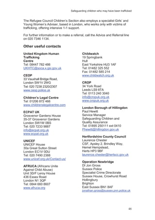 Safeguarding children who may have been trafficked
48
The Refugee Council Children’s Section also employs a specialist Girls’ and
Young Women’s Adviser, based in London, who works only with victims of
trafficking, offering intensive 1-1 support.
For further information or to make a referral, call the Advice and Referral line
on 020 7346 1134.
Other useful contacts
United Kingdom Human
Trafficking
Centre
Tel: 08447 782 486
UKHTC@soca.x.gsi.gov.uk
CEOP
33 Vauxhall Bridge Road,
London SW1V 2WG
Tel: 020 7238 2320/2307
www.ceop.police.uk
Children’s Legal Centre
Tel: 01206 872 466
www.childrenslegalcentre.com
ECPAT UK
Grosvenor Gardens House
35-37 Grosvenor Gardens
London SW1W 0BS
Tel: 020 7233 9887
info@ecpat.org.uk
www.ecpat.org.uk
UNICEF
UNICEF House
30a Great Sutton Street
London EC1V 0DU
Tel: 020 7490 2388
www.unicef.org.uk/Contact-us/
AFRUCA (Africans Unite
Against Child Abuse)
Unit 3D/F Leroy House
436 Essex Road
London N1 3QP
Tel: 0844 660 8607
www.afruca.org
Childwatch
19 Springbank
Hull
East Yorkshire HU3 1AF
Tel: 01482 325 552
Fax: 01482 585 214
www.childwatch.org.uk
CROP
34 York Road
Leeds LS9 8TA
Tel: 0113 240 3040
info@cropuk.org.uk
www.cropuk.org.uk
London Borough of Hillingdon
Paul Hewitt
Service Manager
Safeguarding Children and
Quality Assurance
Tel: 01895 250111 ext 0410
Phewitt@hillingdon.gov.uk
Hertfordshire County Council
Laurence Chester
CSF, Apsley 2, Brindley Way,
Hemel Hempstead,
Herts HP3 9BF
laurence.chester@hertscc.gov.uk
Operation Newbridge
DI Jon Gross
Sussex Police
Specialist Crime Directorate
Sussex House, Crowhurst Road
Hollingbury
Brighton
East Sussex BN1 8AF
jonathan.gross@sussex.pnn.police.uk
 