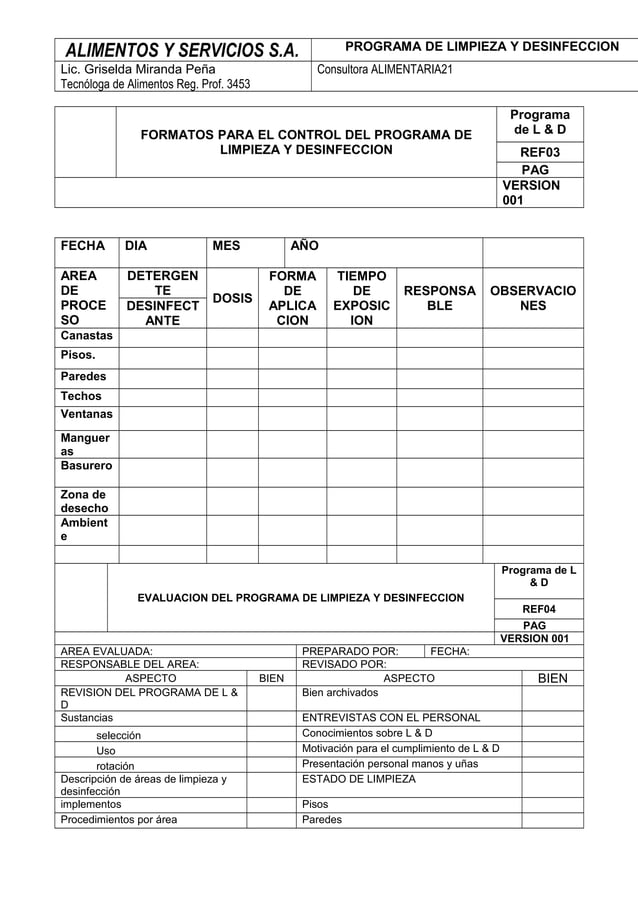 Formatos De Limpieza Y Desinfeccion