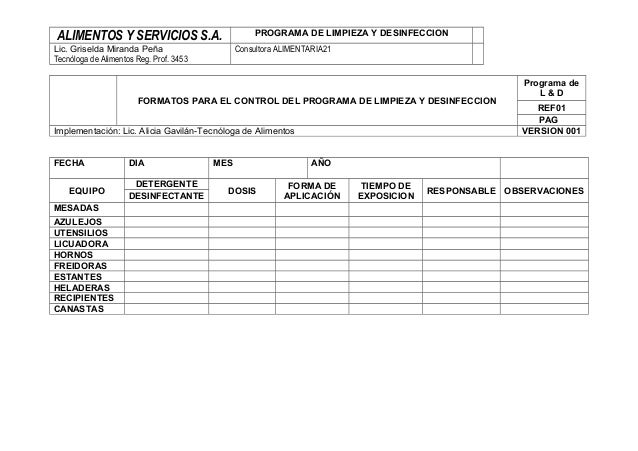 Programa de limpieza y desinfección-ALIMENTOS Y SERVICIOS