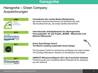 Hansgrohe – Green Company
Auszeichnungen

                   1995                                Umweltpreis des Landes Baden-Württemberg,
                                                       als erstes Industrieunternehmen EU-Zertifizierung nach
                                                       Öko-Auditverordnung, als erstes Sanitärunternehmen



                   2010                                Internationalen Arbeitgeberpreis für alternsgerechte
                                                       Personalpolitik“ für das Projekt „MUMM – Miteinander Und
                                                       Motiviert Mitmachen“



                   2011                                Green Good Design Award
                                                       The World´s leading sustainable Green Design

                                                       The European Center for Architecture art Design and urban studies
                                                       The Chicago Athenaeum: Museum of Architecture and Design
                                                                                                                       Raindance Air Green

                   2011                                UMSICHT-Wissenschaftspreis 2011 des Fraunhofer Institutes
                                                       Prämiert wurde eine umweltfreundliche Filtertechnik für Abwässer
                                                       aus der Galvanik.



Siegfried Gänßlen 50. AK-Tagung Berlin Brandenburg/ 20.04.2012                                   © 2010 Hansgrohe AG                   14
 