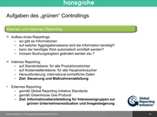 Aufgaben des „grünen“ Controllings

Internes und externes Reporting
      Aufbau eines Reportings:
       − wo gibt es Informationen
       − auf welcher Aggregationsebene wird die Information benötigt?
       − kann der benötigte Wert automatisch ermittelt werden?
       − müssen Buchungslogiken geändert werden etc.?
                                                                                        -10%
      Internes Reporting:
        − auf Standortebene: für alle Produktionstöchter
        − auf Kostenstellenebene: für alle Hauptverbraucher
        − Herausforderung: international einheitliche Daten
        − Ziel: Steuerung und Maßnahmenableitung

•     Externes Reporting:
       − gemäß Global Reporting Initiative Standards
       − gemäß Greenhouse Gas Protocol                                                  LTIR

       − Ziel: Informationsbereitstellung für Interessengruppen zur
               grünen Unternehmenssituation und Imagesteigerung

Siegfried Gänßlen 50. AK-Tagung Berlin Brandenburg/ 20.04.2012    © 2010 Hansgrohe AG          20
 