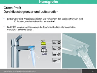Green Profit
Durchflussbegrenzer und Luftsprudler

     Luftsprudler sind Wasserstrahlregler. Sie verkleinern den Wasserstrahl um rund
             50 Prozent, durch das Beimischen von Luft.

     Seit 2006 werden von Hansgrohe die EcoSmart-Luftsprudler angeboten.
      Verkauft: 1.500.000 Stück




Siegfried Gänßlen 50. AK-Tagung Berlin Brandenburg/ 20.04.2012       © 2010 Hansgrohe AG   28
 