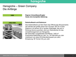 Hansgrohe – Green Company
Die Anfänge

                   1989                                Eigener Umweltbeauftragter
                                                       heute eine komplette Abteilung


              1993/1994                                Solarkraftwerk und Solarturm
                                                       Das Solarkraftwerk auf dem Dach des Offenburger Brausenwerks
                                                       war damals das größte seiner Art in Europa. Der 22 m hohe
                                                       Solarturm mit seinem 55 m² großen Solarsegel, das sich in
                                                       Richtung Sonne ausrichtet, wird zum Wahrzeichen für das
                                                       Umweltmanagement von Hansgrohe.
                                                       Mit Solarzellen ausgekleidete Dachfläche: 1450 m²
                                                       Produzierte Elektrizität pro Jahr: ca. 147.000 kWh pro Jahr
                                                       (Verbrauch von etwa 45 Einfamilienhäusern pro Jahr)
                                                       Einsparung: 95 Tonnen CO2 pro Jahr




Siegfried Gänßlen 50. AK-Tagung Berlin Brandenburg/ 20.04.2012                                © 2010 Hansgrohe AG     7
 