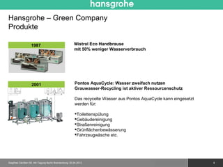 Hansgrohe – Green Company
Produkte

                   1987                                Mistral Eco Handbrause
                                                       mit 50% weniger Wasserverbrauch




                   2001                                Pontos AquaCycle: Wasser zweifach nutzen
                                                       Grauwasser-Recycling ist aktiver Ressourcenschutz

                                                       Das recycelte Wasser aus Pontos AquaCycle kann eingesetzt
                                                       werden für:

                                                       Toilettenspülung
                                                       Gebäudereinigung
                                                       Straßenreinigung
                                                       Grünflächenbewässerung
                                                       Fahrzeugwäsche etc.




Siegfried Gänßlen 50. AK-Tagung Berlin Brandenburg/ 20.04.2012                                © 2010 Hansgrohe AG   8
 