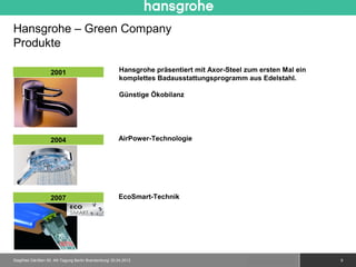 Hansgrohe – Green Company
Produkte

                   2001                                Hansgrohe präsentiert mit Axor-Steel zum ersten Mal ein
                                                       komplettes Badausstattungsprogramm aus Edelstahl.

                                                       Günstige Ökobilanz




                   2004                                AirPower-Technologie




                   2007                                EcoSmart-Technik




Siegfried Gänßlen 50. AK-Tagung Berlin Brandenburg/ 20.04.2012                               © 2010 Hansgrohe AG   9
 