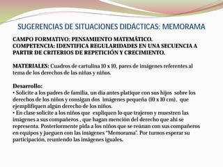 SUGERENCIAS DE SITUACIONES DIDÁCTICAS: MEMORAMA
CAMPO FORMATIVO: PENSAMIENTO MATEMÁTICO.
COMPETENCIA: IDENTIFICA REGULARIDADES EN UNA SECUENCIA A
PARTIR DE CRITERIOS DE REPETICIÓN Y CRECIMIENTO.

MATERIALES: Cuadros de cartulina 10 x 10, pares de imágenes referentes al
tema de los derechos de las niñas y niños.

Desarrollo:
• Solicite a los padres de familia, un día antes platique con sus hijos sobre los
derechos de los niños y consigan dos imágenes pequeña (10 x 10 cm), que
ejemplifiquen algún derecho de los niños.
• En clase solicite a los niños que expliquen lo que trajeron y muestren las
imágenes a sus compañeros , que hagan mención del derecho que ahí se
representa. Posteriormente pida a los niños que se reúnan con sus compañeros
en equipos y jueguen con las imágenes “Memorama”. Por turnos esperar su
participación, reuniendo las imágenes iguales.
 